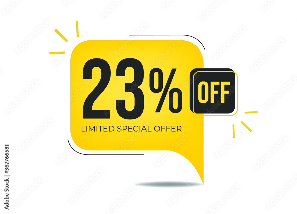 23% off limited special offer. Banner with twenty-three percent discount on a yellow square balloon. 23% off limited special offer. Banner with twenty-three percent discount on a yellow square balloon.