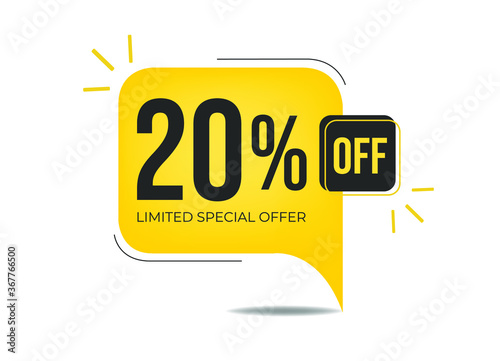 20% off limited special offer. Banner with twenty percent discount on a yellow square balloon.