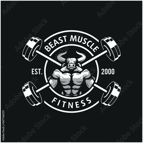 Bull with strong body, fitness club or gym logo. Design element for company logo, label, emblem, apparel or other merchandise. Scalable and editable Vector illustration