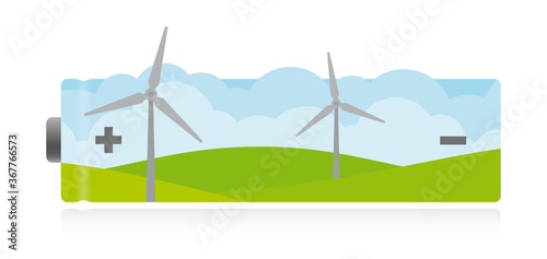 Vector AA battery symbol of ecological energy. Landscape with wind turbines. Isolated on white background.