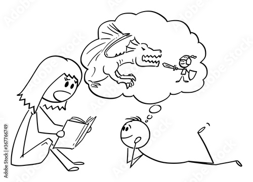 Vector cartoon stick figure drawing conceptual illustration of mother or parent reading book to his son or child.