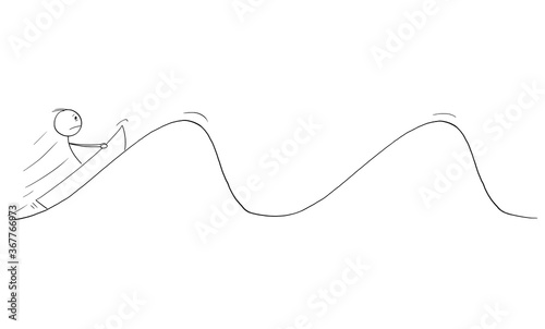 Vector cartoon stick figure drawing conceptual illustration of man or businessman sailing, floating or adrift on small boat on waves of stormy or rough ocean. Concept of market cycles, economy or