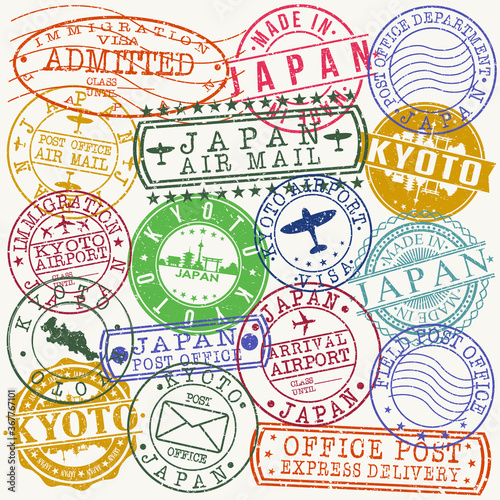 Kyoto Japan Stamp Vector Art Postal Passport Travel Design Set Badge Rubber.