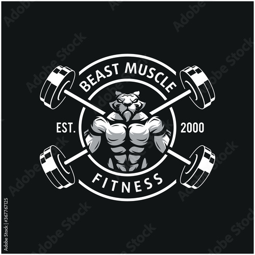 Tiger with strong body, fitness club or gym logo. Design element for company logo, label, emblem, apparel or other merchandise. Scalable and editable Vector illustration.