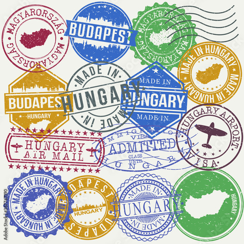 Budapest, Hungary. Stamp. Vector Art. Postal Passport. Travel Design Set. Postage.