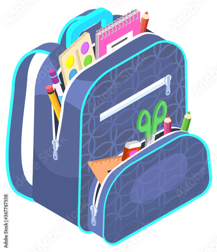 Colored school backpack. Education and study back to school, schoolbag luggage, rucksack vector illustration. Kids school bag with education equipment. Backpacks with study supplies. Student satchels
