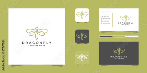 Dragonfly Logo design template line art style and business card
