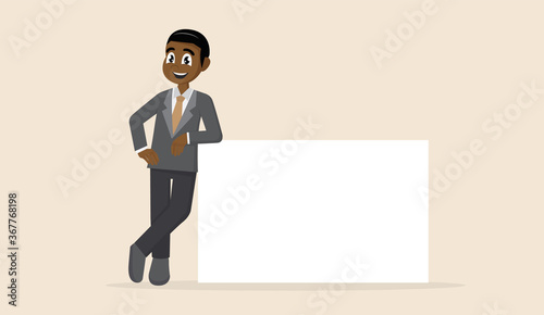  African businessman is leaning on a blank poster. A place to post your advertisement or other information.
