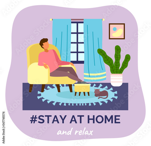 Stay at home and relax. Quarantine self-isolation at home. Prevention of covid-19 or coronavirus. Virus outbreak. People staying safe, careful. Man sitting at armchair, keeping calm and relax