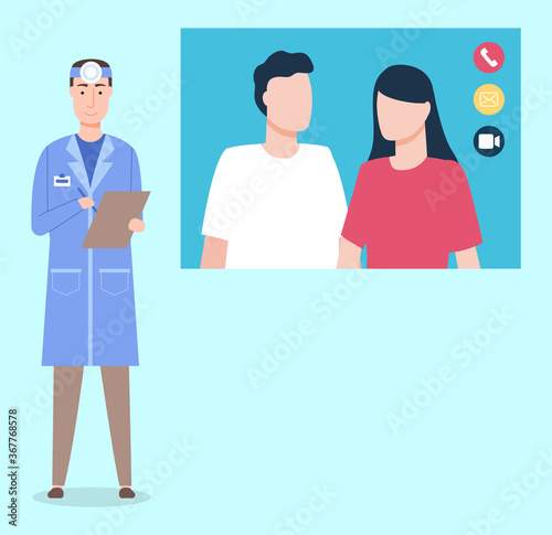 Otolaryngologist talking, making notices, communicating with man, woman through videocall. Time of quarantine. Medical help at distance. Patients have consultation with physician or medic specialist