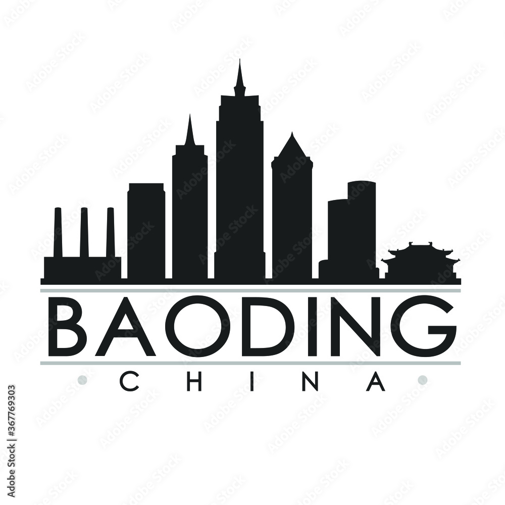 Baoding China Skyline Silhouette City. Cityscape Design Vector. Famous Monuments Tourism.