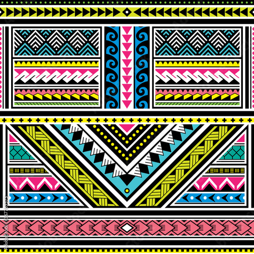 Polynesian tattoo seamless vector colorful pattern, Hawaiian tribal design inspired by art traditional geometric art from islands on Pacific Ocean