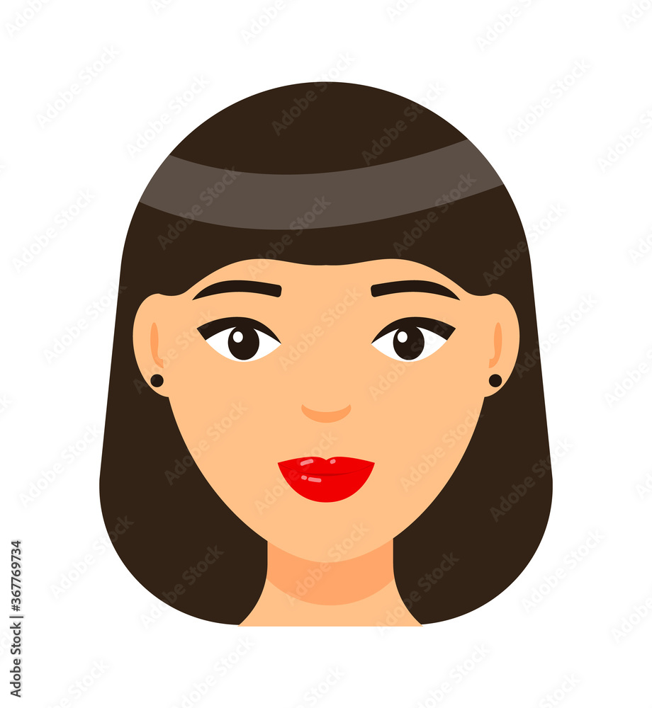 Vector cartoon character. Concept of avatar of young brown-haired woman with red lips and light makeup, earrings. Isolated portrait of pretty girl with elegance bob haircut. Attractive lady icon