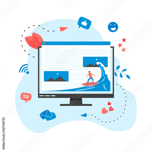 Surfer surfing a wave web page vector illustration. Web page surfing concept