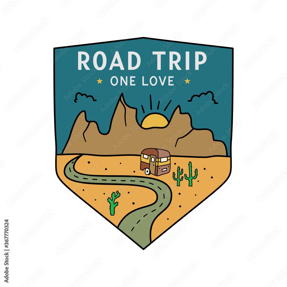 Vintage camping RV logo, adventure emblem illustration design. Outdoor road trip label with camper trailer and text - Road trip One love. Unusual linear hipster style sticker. Stock vector. - obrazy, fototapety, plakaty 