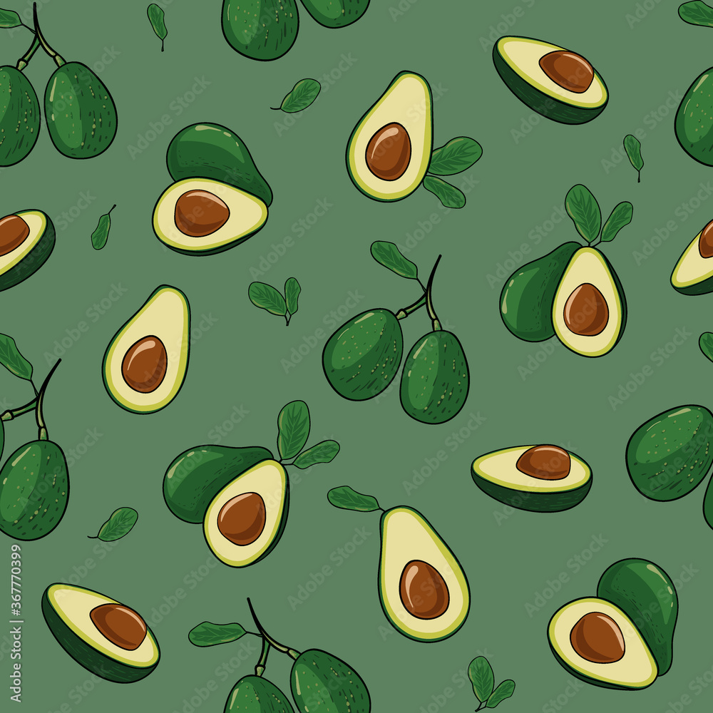 Whole avocado with leaf and half an avocado, seamless pattern in vector Whole avocado with leaf and half an avocado, seamless pattern in vector