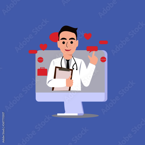 laptop screen with male doctor on chat in messenger and an online consultation. Vector flat illustration. Ask doctor. Online medical advise or consultation service, tele medicine, cardiology