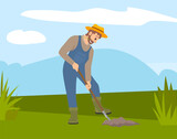 Man with shovel digging a hole illustration. Man digs a hole in the ground for planting trees. A worker holding a shovel. Farmer works in the field, digs up the crop. Autumn harvest, farm work