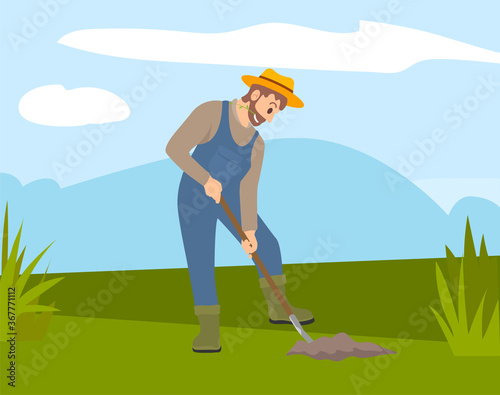 Man with shovel digging a hole illustration. Man digs a hole in the ground for planting trees. A worker holding a shovel. Farmer works in the field, digs up the crop. Autumn harvest, farm work © robu_s