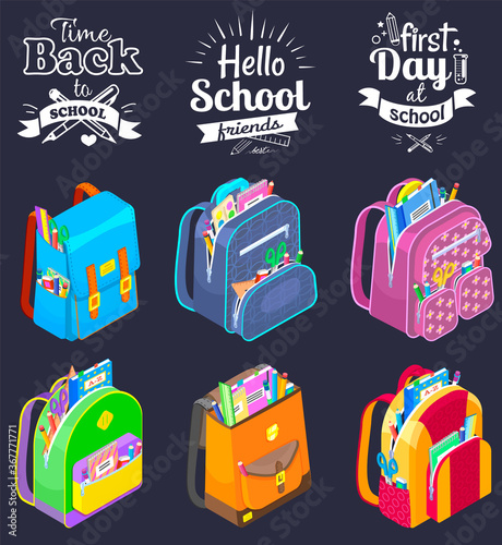 Back to school concept, black vector banner with bright schoolbags. Quote with school supplies. Back to school poster, kids bright backpacks with education equipment. Set of hand drawn icons on black