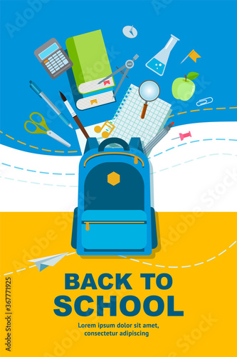 Back to school poster design. Backpack and school supplies on a colorful background. Vector illustration in a flat style. Can be used for sale banner, web, advertisement, signs.