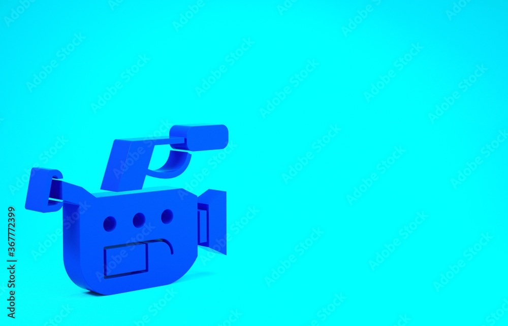 Obraz premium Blue Cinema camera icon isolated on blue background. Video camera. Movie sign. Film projector. Minimalism concept. 3d illustration 3D render.