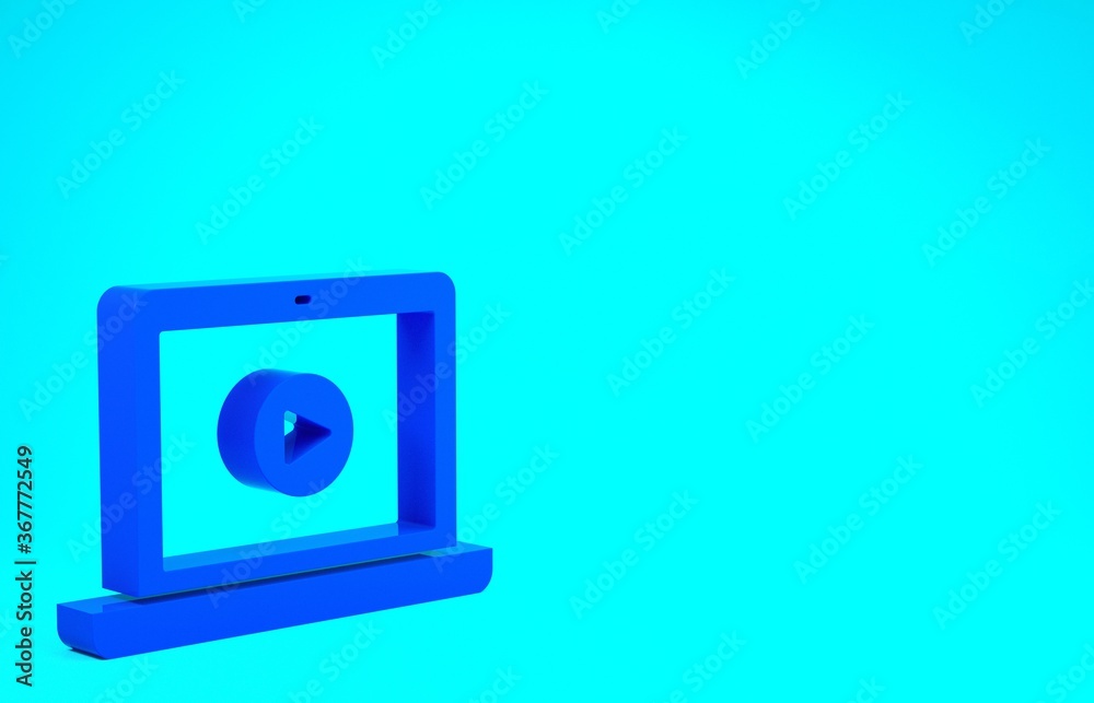 Blue Online play video icon isolated on blue background. Laptop and film strip with play sign. Minimalism concept. 3d illustration 3D render. Blue Online play video icon isolated on blue background. Laptop and film strip with play sign. Minimalism concept. 3d illustration 3D render.