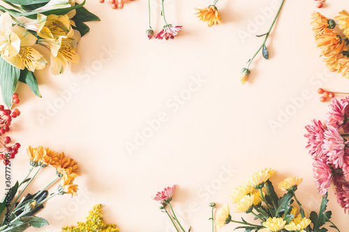 Autumn composition. Frame made of fresh flowers on pastel beige background. Autumn  fall concept. Flat lay  top view
