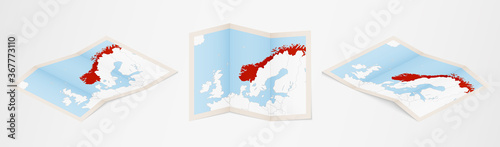 Folded map of Norway in three different versions.