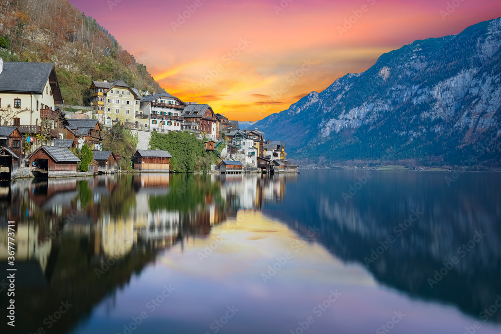 View of Hallstatt village from the lakeside with twilight sky in Austria