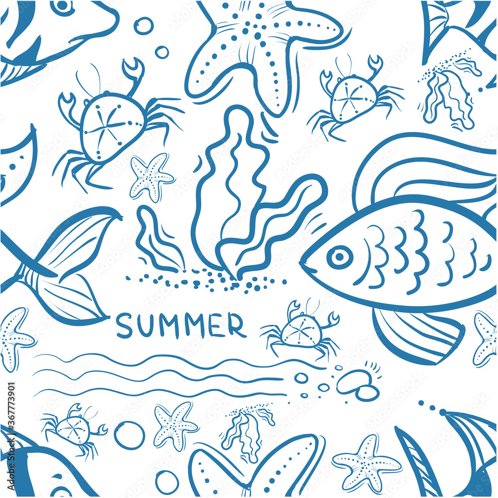 Obraz premium Seamless pattern doodle blue fishes, crab, starfish, seaweed and word summer