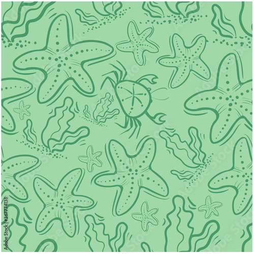 Seamless pattern green doodle starfish, crab and seaweed