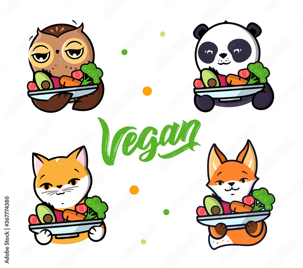 Naklejka premium Set of animals holding a plate of veggies for vegetarian food advertising.