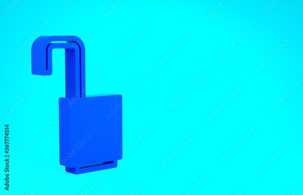 Blue Open padlock icon isolated on blue background. Opened lock sign. Cyber security concept. Digital data protection. Minimalism concept. 3d illustration 3D render. Blue Open padlock icon isolated on blue background. Opened lock sign. Cyber security concept. Digital data protection. Minimalism concept. 3d illustration 3D render.
