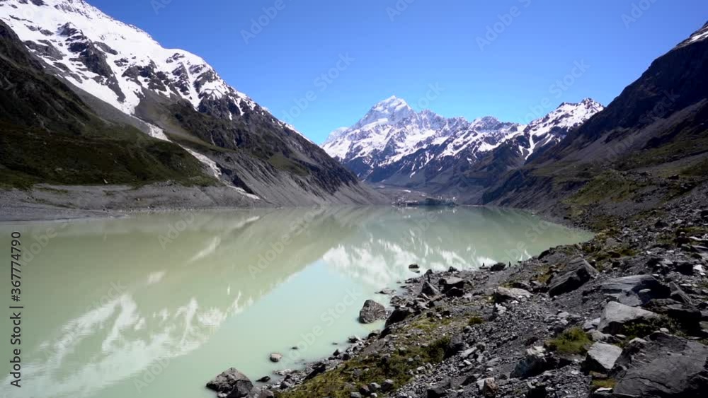 Wide angle view of sunny Hooker Lake and Mount Cook Wide angle view of sunny Hooker Lake and Mount Cook