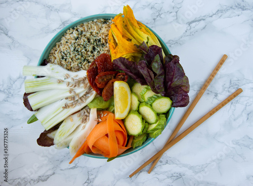 Vegan poke bowl, rice and vegetables bowl photo