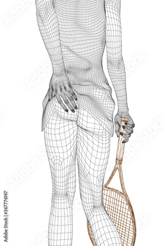 Wireframe of a girl in a skirt and with a tennis racket in hand. The tennis player stands with a naked booty. 3D. Vector illustration