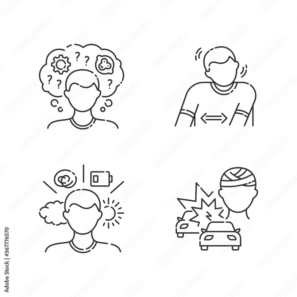Mental problem linear icons set. Tourette syndrom. Repetitive movement. Psychological disorder. Customizable thin line contour symbols. Isolated vector outline illustrations. Editable stroke Mental problem linear icons set. Tourette syndrom. Repetitive movement. Psychological disorder. Customizable thin line contour symbols. Isolated vector outline illustrations. Editable stroke