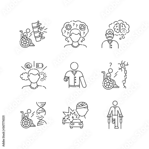 Patient with disability linear icons set. Handicapped man. Paralyzed person in wheelchair. Customizable thin line contour symbols. Isolated vector outline illustrations. Editable stroke