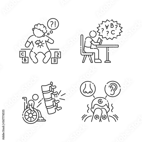 Chronic disease linear icons set. Child with disability. Difficulty with reading from dyslexia. Customizable thin line contour symbols. Isolated vector outline illustrations. Editable stroke