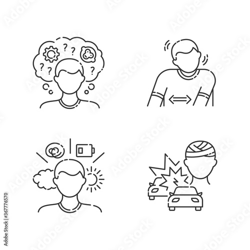 Mental problem linear icons set. Tourette syndrom. Repetitive movement. Psychological disorder. Customizable thin line contour symbols. Isolated vector outline illustrations. Editable stroke