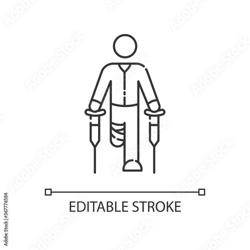 Leg amputee linear icon. Disabled man with crutches. Rehabilitation for handicapped person. Thin line customizable illustration. Contour symbol. Vector isolated outline drawing. Editable stroke