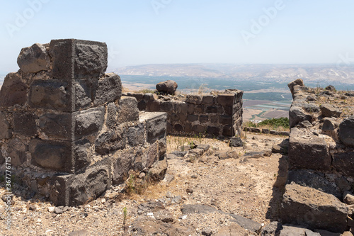 View to the Jordan Valley from the ruins of the great Hospitaller fortress - Belvoir - Jordan Star - located on a hill above the Jordan Valley in Israel