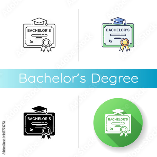 Bachelors degree icon. Linear black and RGB color styles. Successful university graduation document. Higher education. Student diploma, academic certificate Isolated vector illustrations