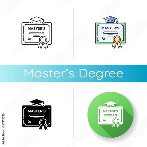 Masters degree icon. Linear black and RGB color styles. University accomplishment, college graduation. Higher education. Graduation certificate with mortar board Isolated vector illustrations