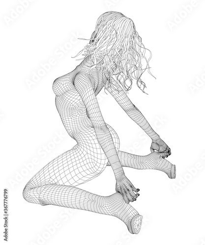 Wireframe of a girl in a sexy pose. A girl with long hair sits on her knees and holds onto the hairpins of her boots. The naked girl is sitting. 3D, Vector illustration