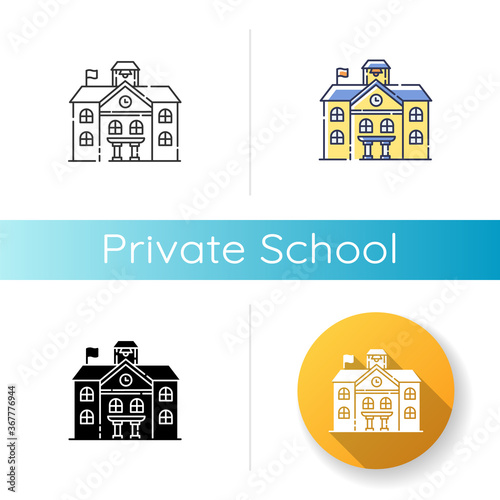 Private school icon. Linear black and RGB color styles. Prestigious educational establishment, independent academic institution. Exclusive education system. Isolated vector illustrationss