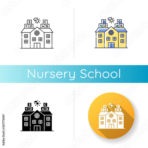 Nursery school icon. Linear black and RGB color styles. Pre primary, elementary education establishment for little children. Play school, day care, kindergarten. Isolated vector illustrations