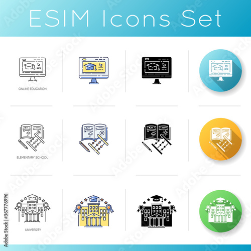 Education system icons set. Linear  black and RGB color styles. University campus  internet courses and elementary school. Primary  secondary and higher education. Isolated vector illustrations