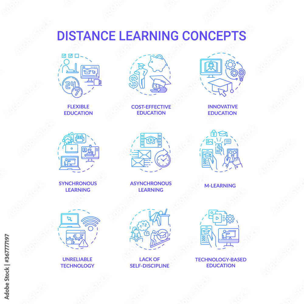 Distance learning concept icons set. Remote classes. Cost effective education. M learning and innovative education idea thin line RGB color illustrations. Vector isolated outline drawings